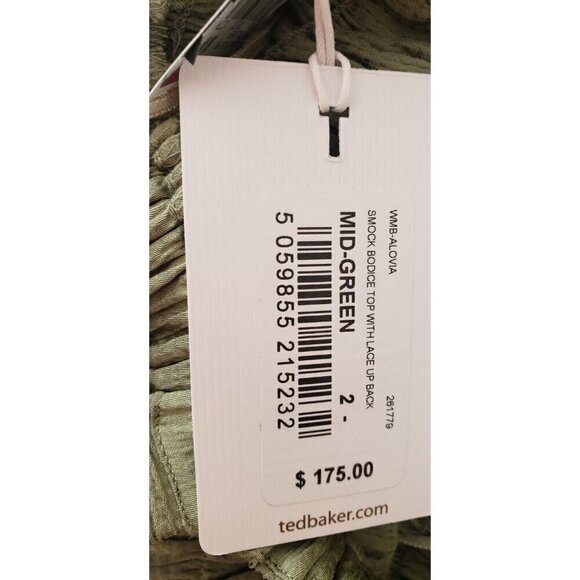 NWT $175 TED BAKER LONDON ALOVIA SMOCKED TOP LACE UP BACK MID-GREEN TOP SZ 2/US6 - Picture 9 of 12
